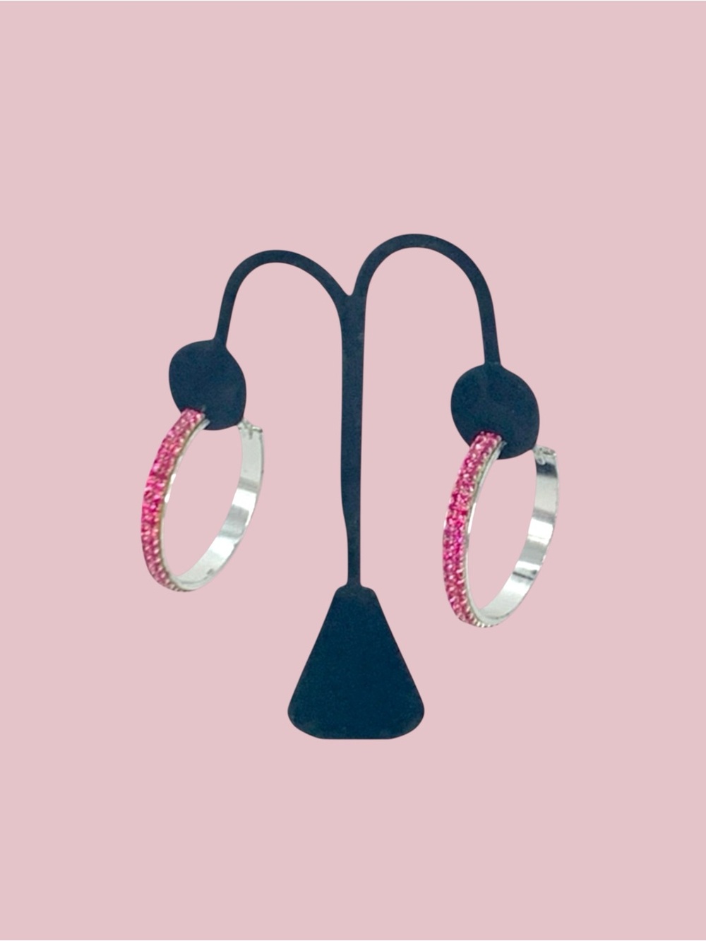 Hoop Earrings Large Fuchsia Pink & Silver Crystal Rhinestone Hoop Earrings